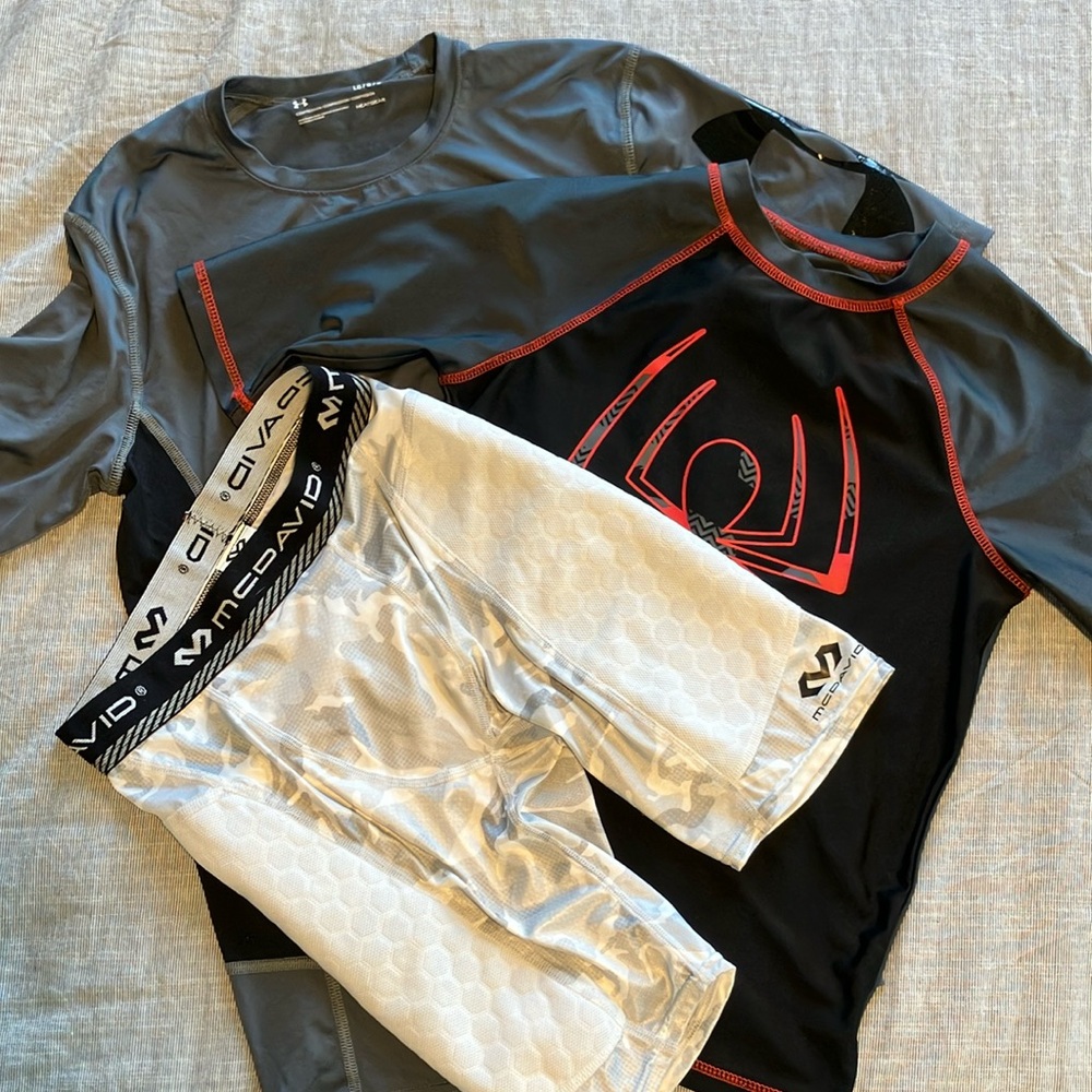 2 compression shirts, one compression boys underwear